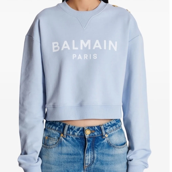 Balmain 3 Gold Button Logo Text Cropped Sweatshirt Size L Blue - Picture 2 of 14